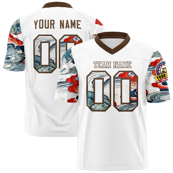 Custom White Light Brown Sleeve Ukiyo-e Auspicious Clouds Graffiti Pattern Football Jersey | BuyFootballJersey