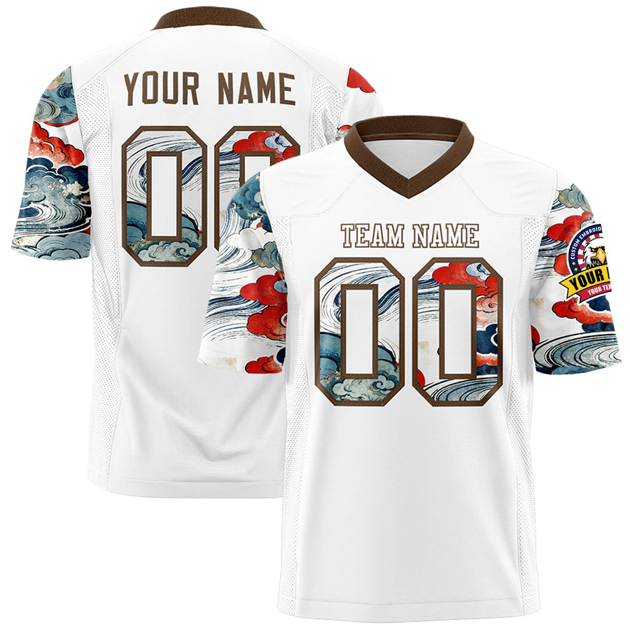 Custom White Light Brown Sleeve Ukiyo-e Auspicious Clouds Graffiti Pattern Football Jersey | BuyFootballJersey