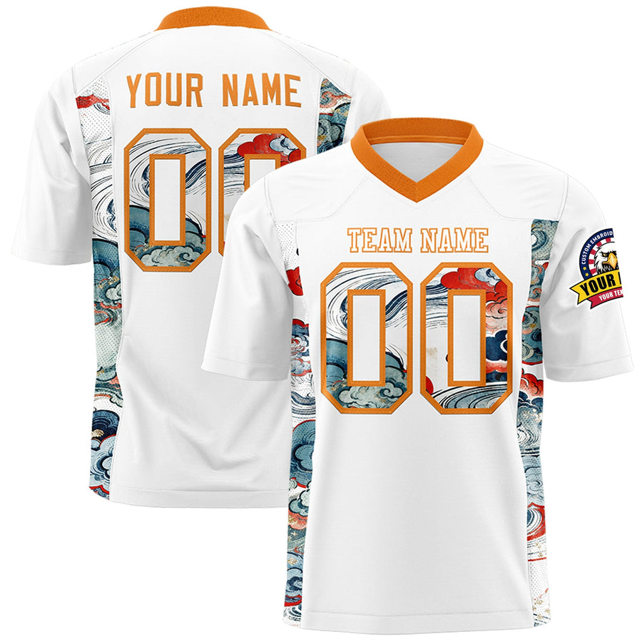 Custom White Orange Ukiyo-e Auspicious Clouds Graffiti Pattern Football Jersey | BuyFootballJersey