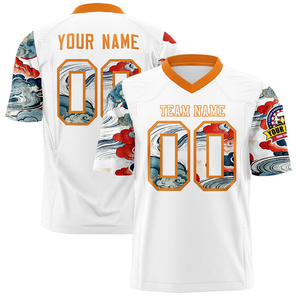 Custom White Orange Sleeve Ukiyo-e Auspicious Clouds Graffiti Pattern Football Jersey | BuyFootballJersey