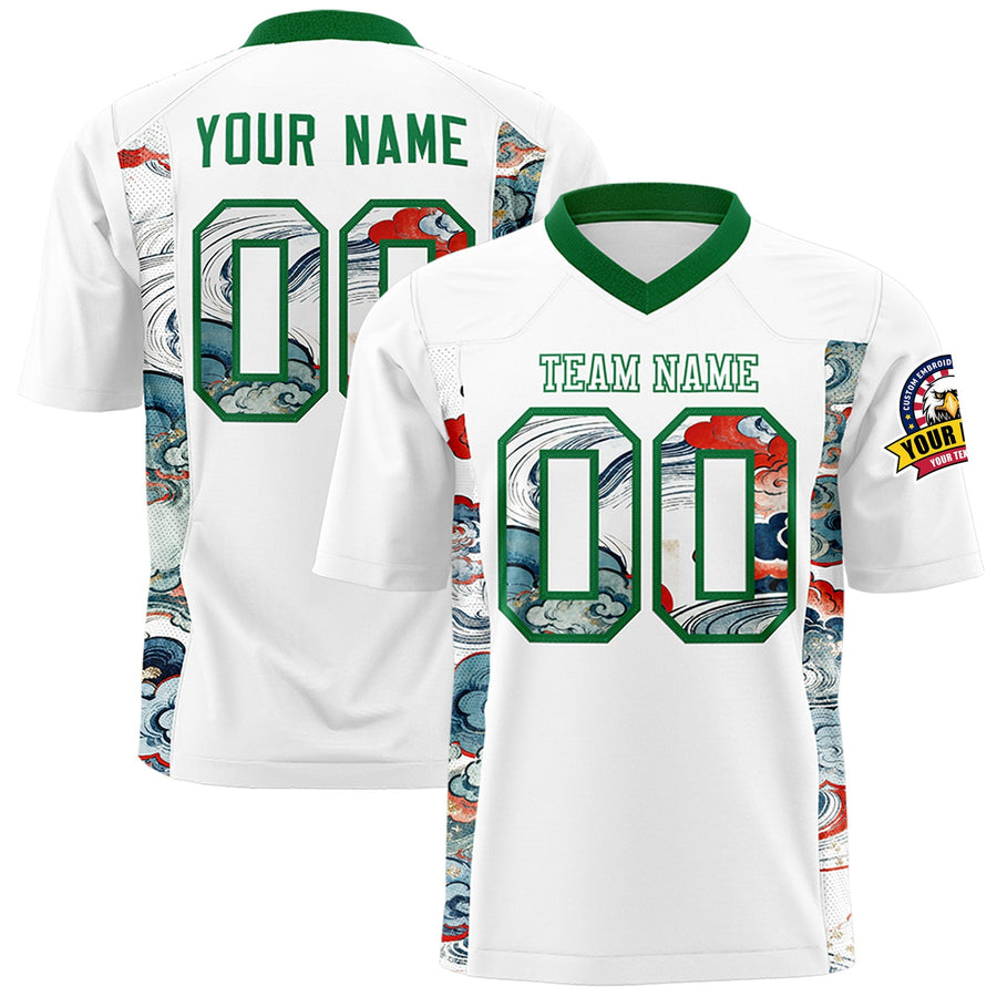 Custom White Kelly Green Ukiyo-e Auspicious Clouds Graffiti Pattern Football Jersey | BuyFootballJersey