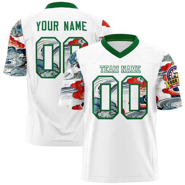 Custom White Kelly Green Sleeve Ukiyo-e Auspicious Clouds Graffiti Pattern Football Jersey | BuyFootballJersey