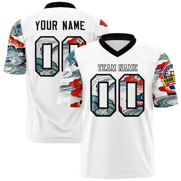 Custom White Black Sleeve Ukiyo-e Auspicious Clouds Graffiti Pattern Football Jersey | BuyFootballJersey