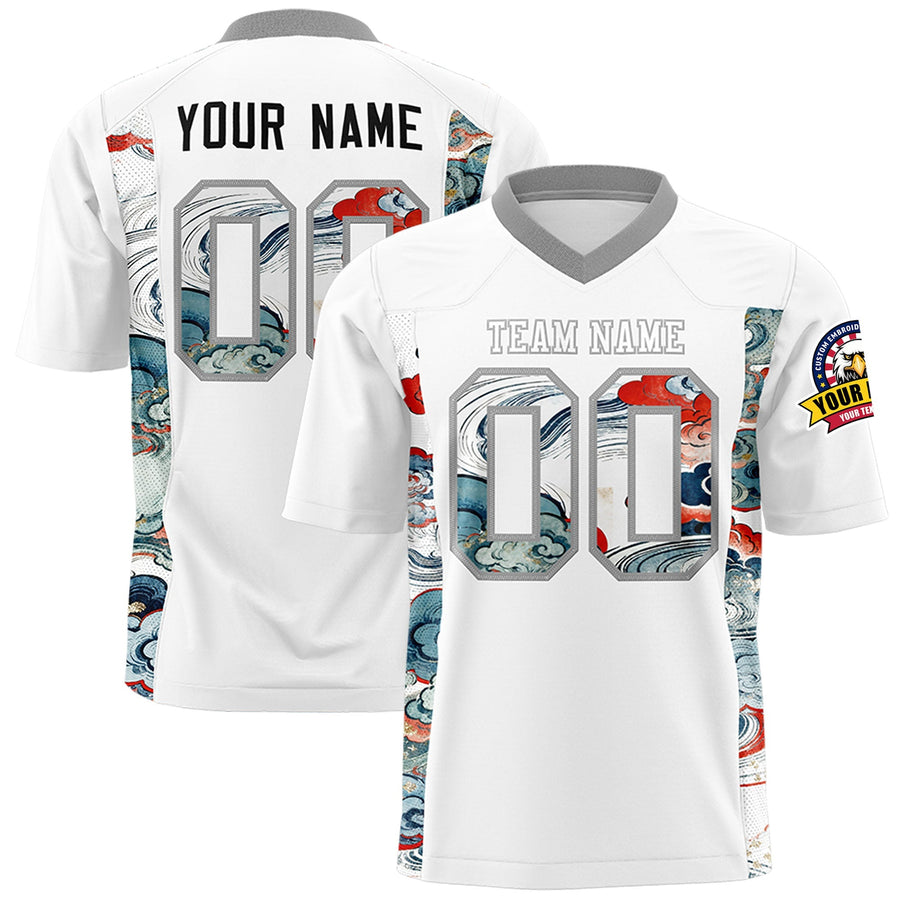 Custom White Gray Ukiyo-e Auspicious Clouds Graffiti Pattern Football Jersey | BuyFootballJersey