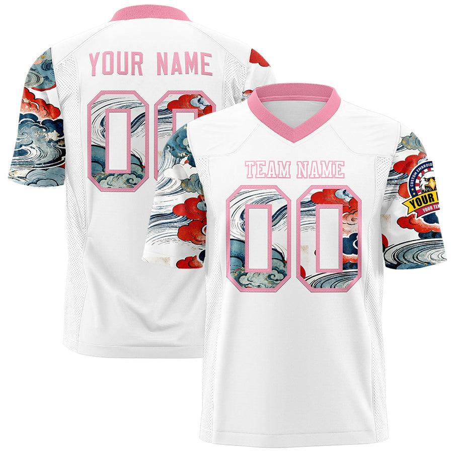 Custom White Light Pink Sleeve Ukiyo-e Auspicious Clouds Graffiti Pattern Football Jersey | BuyFootballJersey