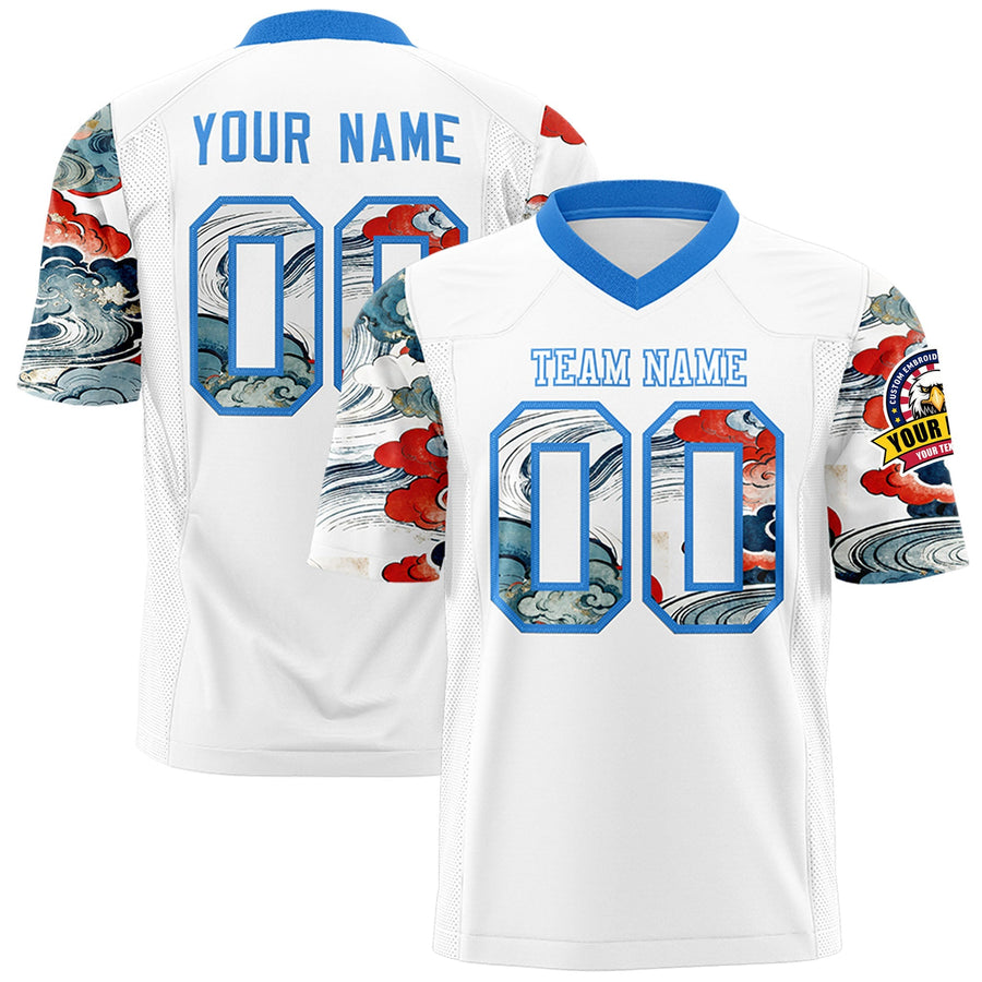 Custom White Light Blue Sleeve Ukiyo-e Auspicious Clouds Graffiti Pattern Football Jersey | BuyFootballJersey