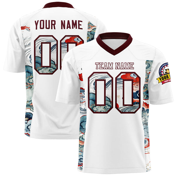 Custom White Burgundy Ukiyo-e Auspicious Clouds Graffiti Pattern Football Jersey | BuyFootballJersey