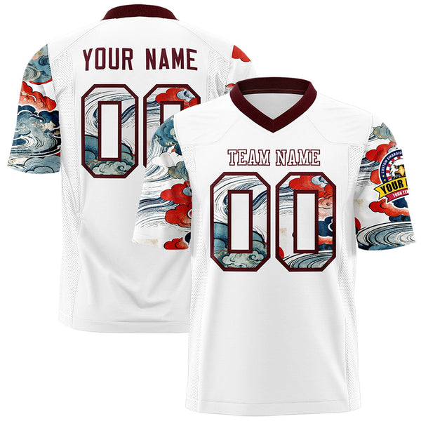 Custom White Burgundy Sleeve Ukiyo-e Auspicious Clouds Graffiti Pattern Football Jersey | BuyFootballJersey