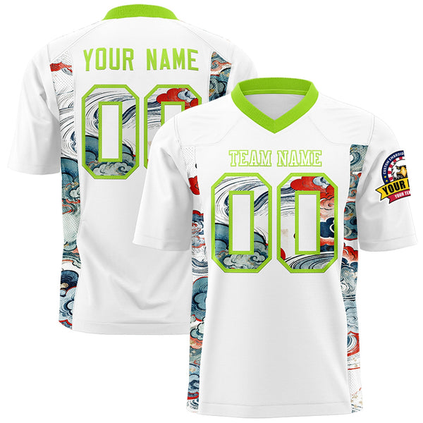 Custom White Neon Green Ukiyo-e Auspicious Clouds Graffiti Pattern Football Jersey | BuyFootballJersey