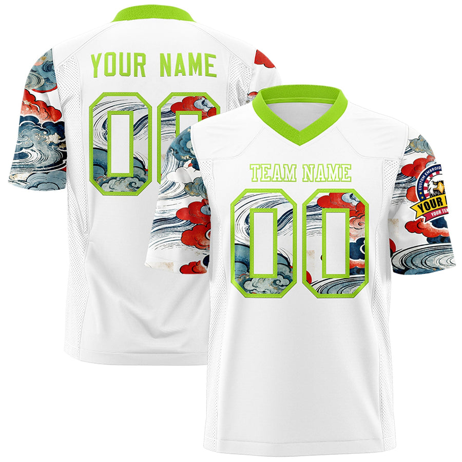 Custom White Neon Green Sleeve Ukiyo-e Auspicious Clouds Graffiti Pattern Football Jersey | BuyFootballJersey