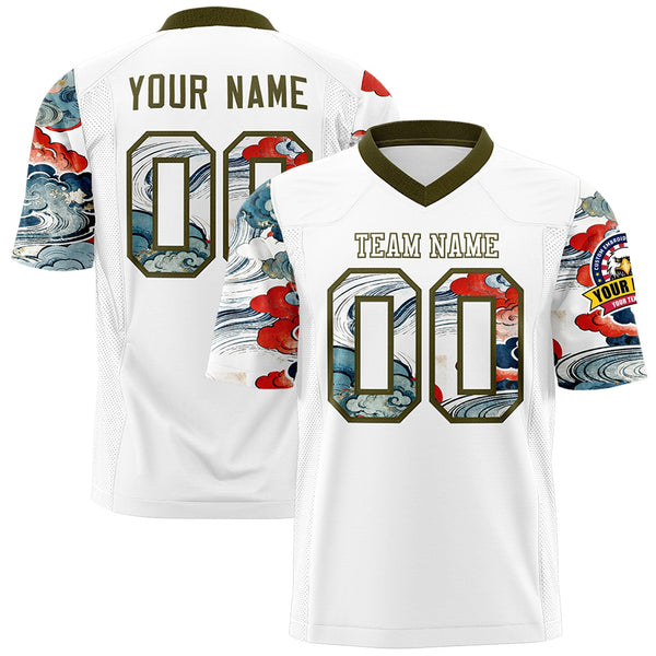 Custom White Olive Sleeve Ukiyo-e Auspicious Clouds Graffiti Pattern Football Jersey | BuyFootballJersey