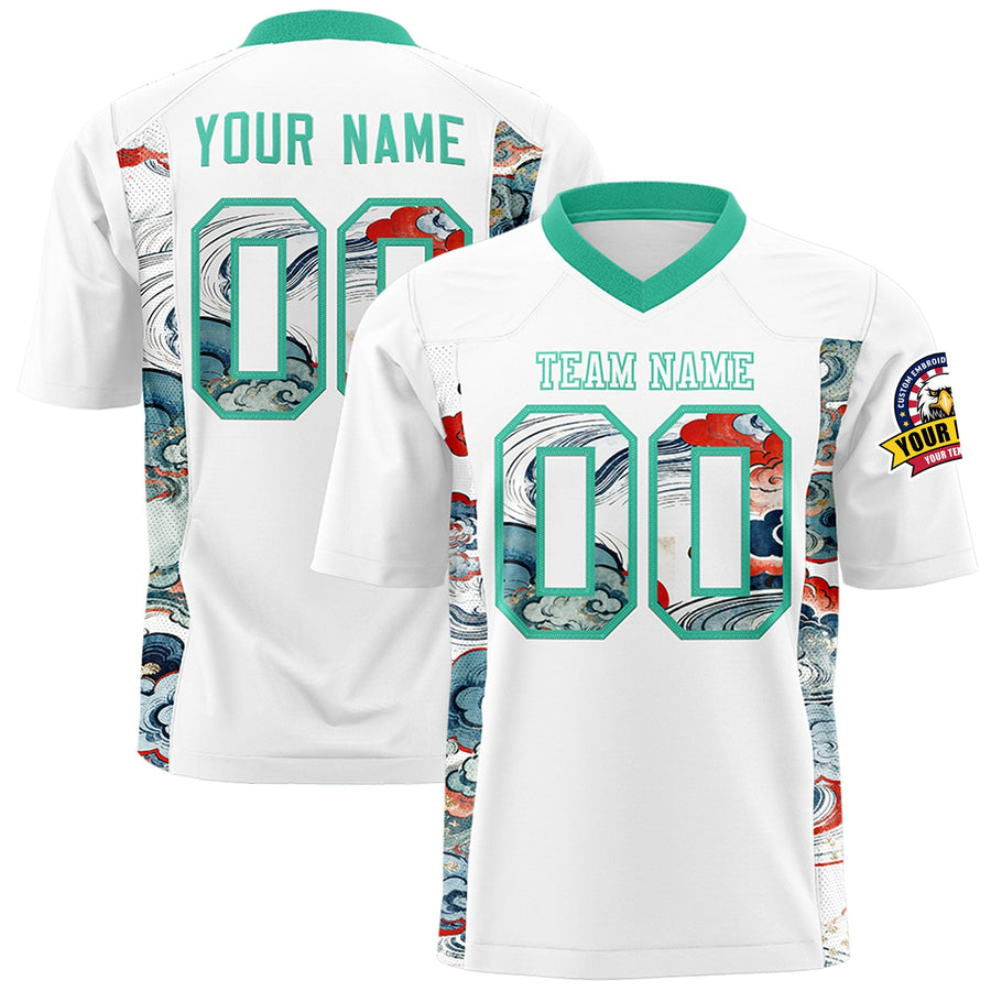 Custom White Bright Green Ukiyo-e Auspicious Clouds Graffiti Pattern Football Jersey | BuyFootballJersey