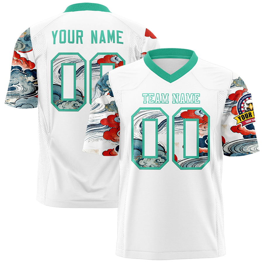 Custom White Bright Green Sleeve Ukiyo-e Auspicious Clouds Graffiti Pattern Football Jersey | BuyFootballJersey