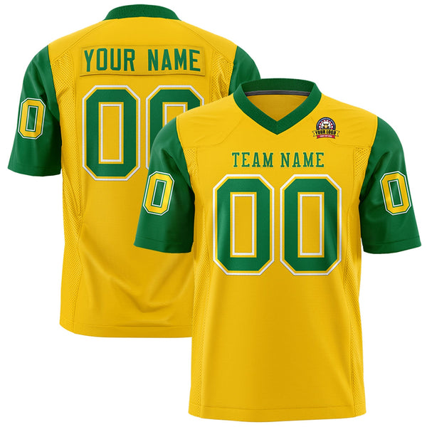 Custom Gold Kelly Green Personalized Raglan Sleeves Design Football Jersey | BuyFootballJersey