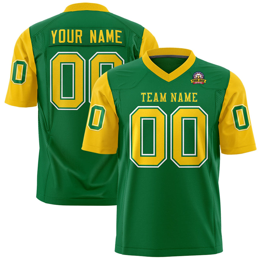 Custom Kelly Green Gold Personalized Raglan Sleeves Design Football Jersey | BuyFootballJersey