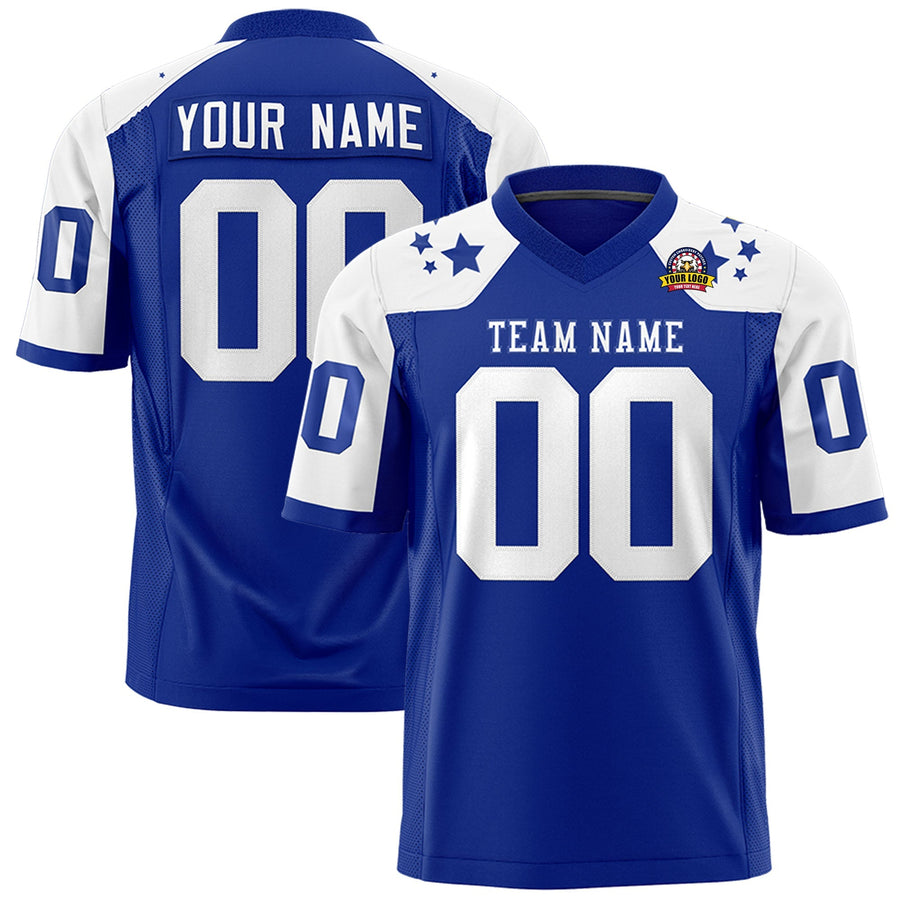 Custom Royal White Personalized Shoulder Star Pattern Flag Football Jersey | BuyFootballJersey