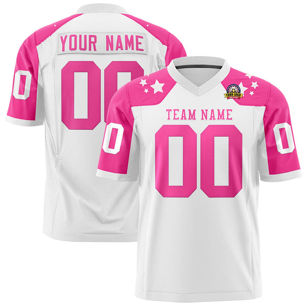 Custom White Pink Personalized Shoulder Star Pattern Flag Football Jersey | BuyFootballJersey