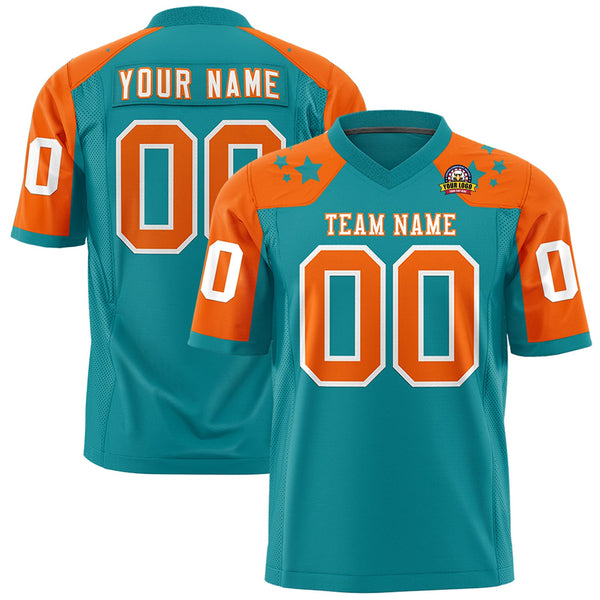 Custom Aqua Orange Personalized Shoulder Star Pattern Flag Football Jersey | BuyFootballJersey
