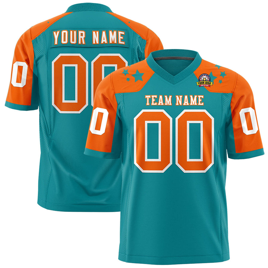 Custom Aqua Orange Personalized Shoulder Star Pattern Flag Football Jersey | BuyFootballJersey