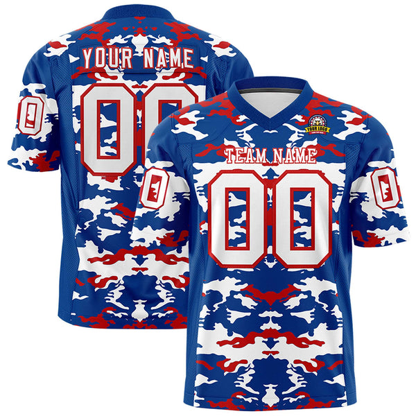 Custom Royal White-Red Personalized Camo Football Jersey | BuyFootballJersey