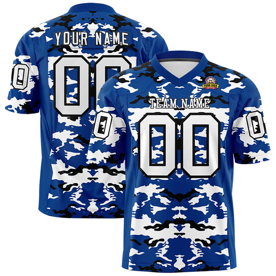 Custom Royal White-Black Personalized Camo Football Jersey | BuyFootballJersey