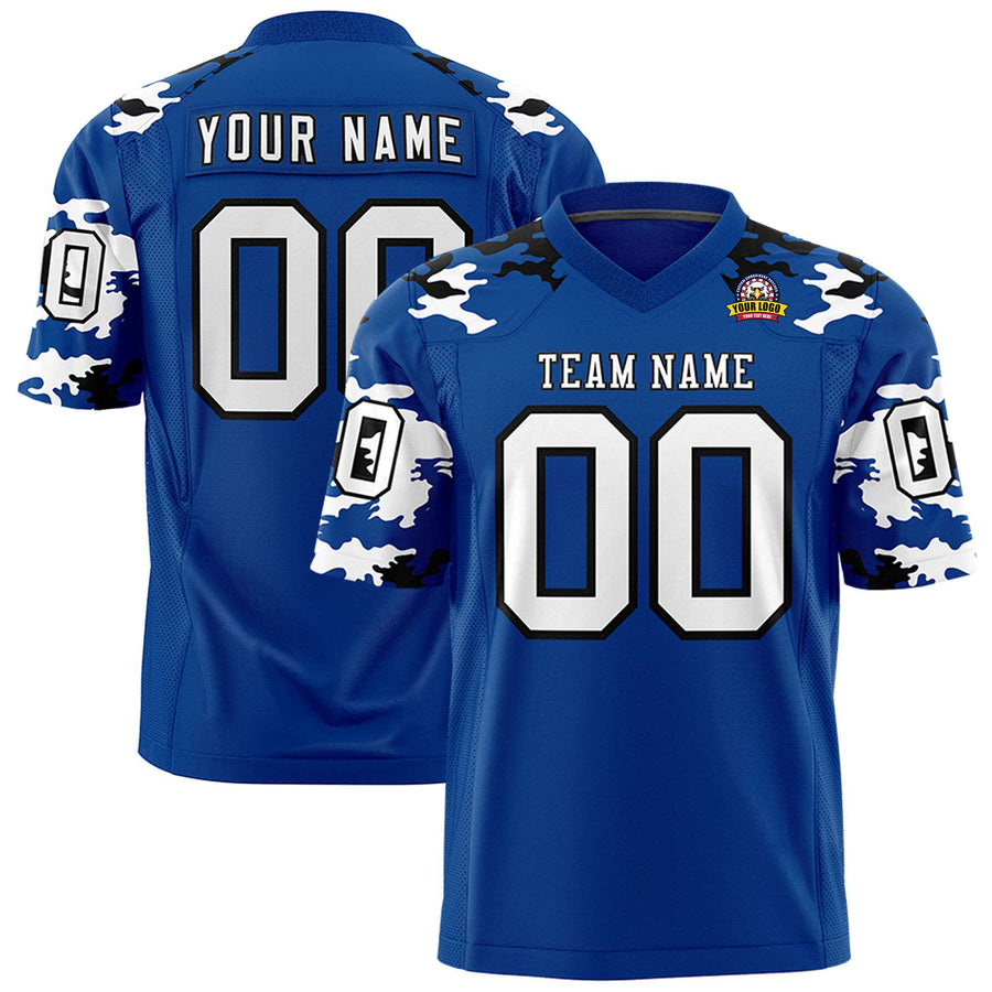 Custom Royal White-Black Personalized Camo Football Jersey | BuyFootballJersey