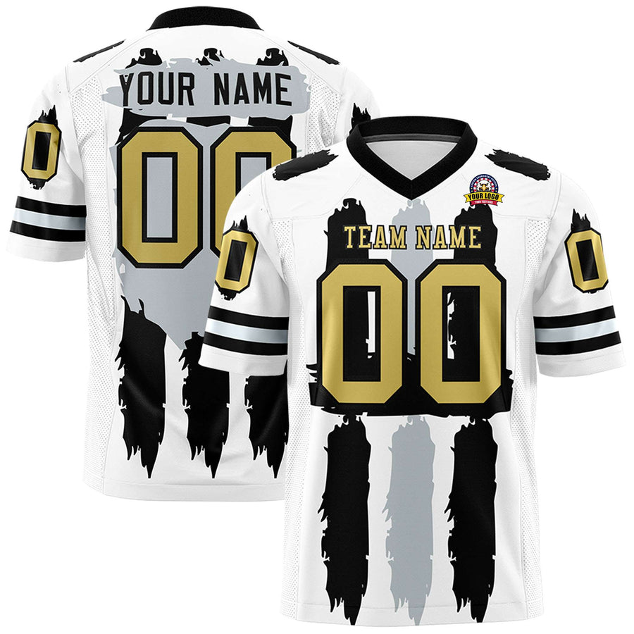 Custom White Black and Silver Graffiti Pattern Flag Football Jerseys | BuyFootballJersey