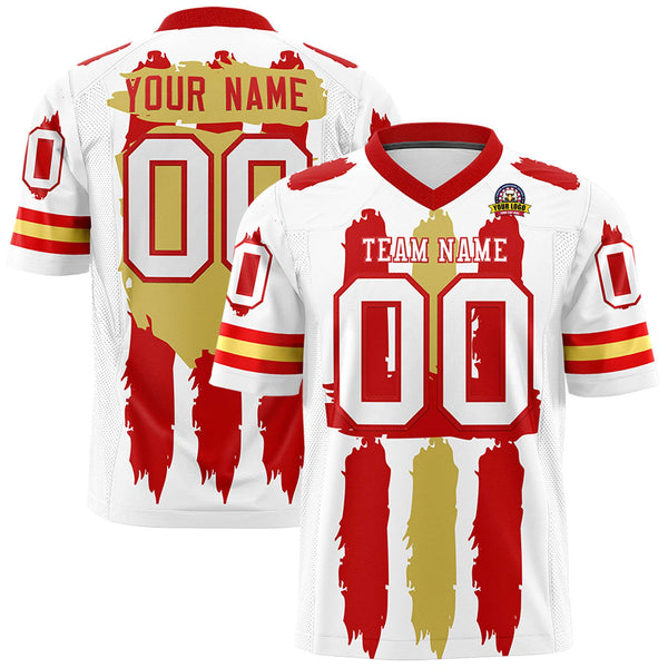 Custom White Red and Old Gold Graffiti Pattern Flag Football Jerseys | BuyFootballJersey