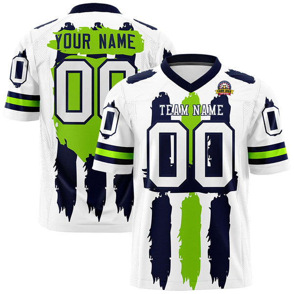 Custom White Navy and Neon Green Graffiti Pattern Flag Football Jerseys | BuyFootballJersey