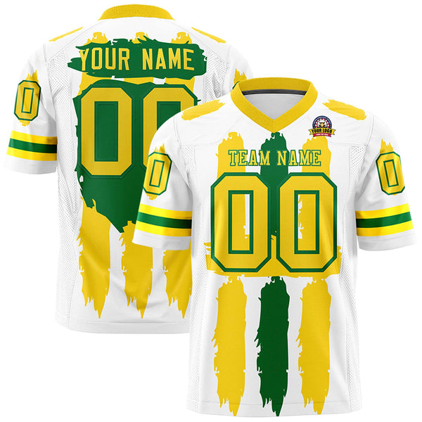 Custom White Gold and Kelly Green Graffiti Pattern Flag Football Jerseys | BuyFootballJersey