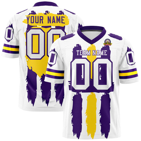 Custom White Purple and Gold Graffiti Pattern Flag Football Jerseys | BuyFootballJersey