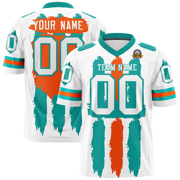 Custom White Aqua and Orange Graffiti Pattern Flag Football Jerseys | BuyFootballJersey