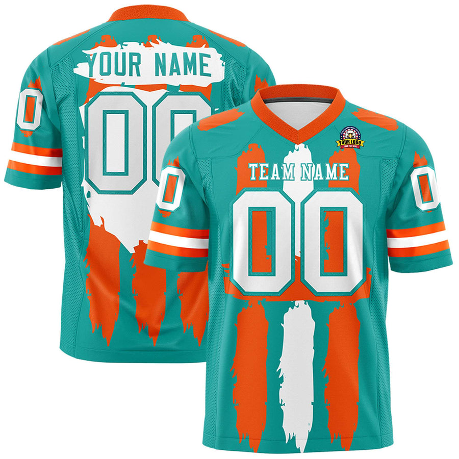 Custom Aqua Orange and White Graffiti Pattern Flag Football Jerseys | BuyFootballJersey