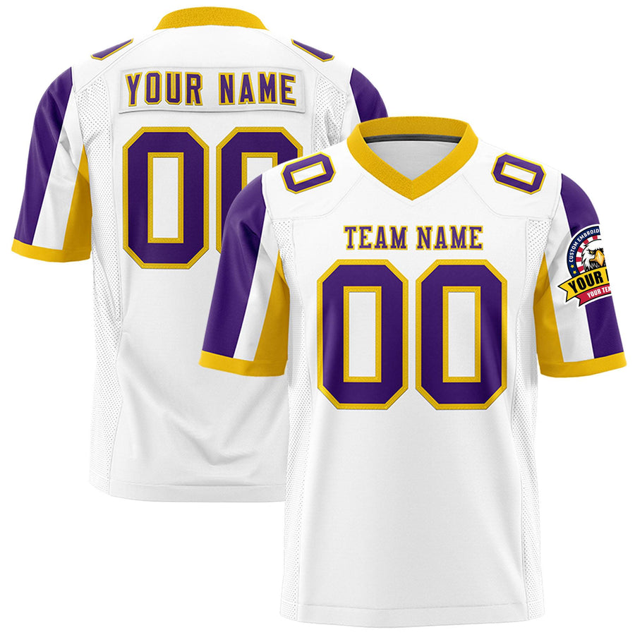 Custom White Purple-Gold Color Block Personalized Raglan Sleeves Football Jersey | BuyFootballJersey