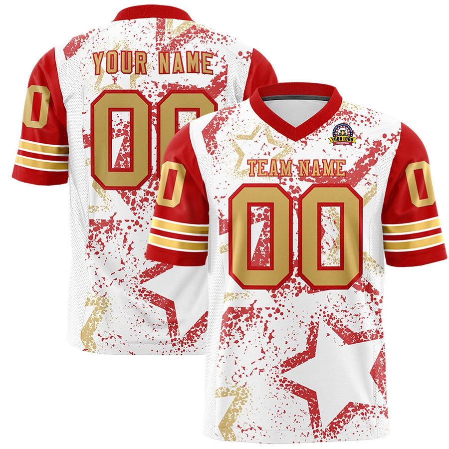 Custom White Red-Old Gold Personalized Star Pattern Design Football Jersey | BuyFootballJersey