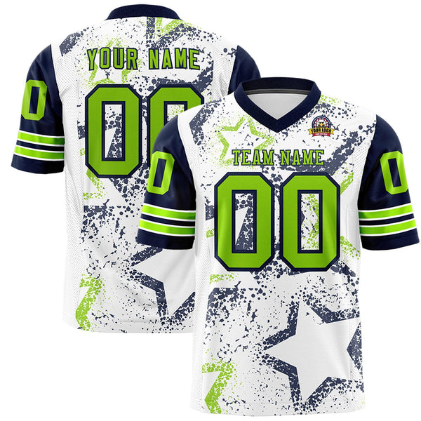 Custom White Navy-Neon Green Personalized Star Pattern Design Football Jersey | BuyFootballJersey