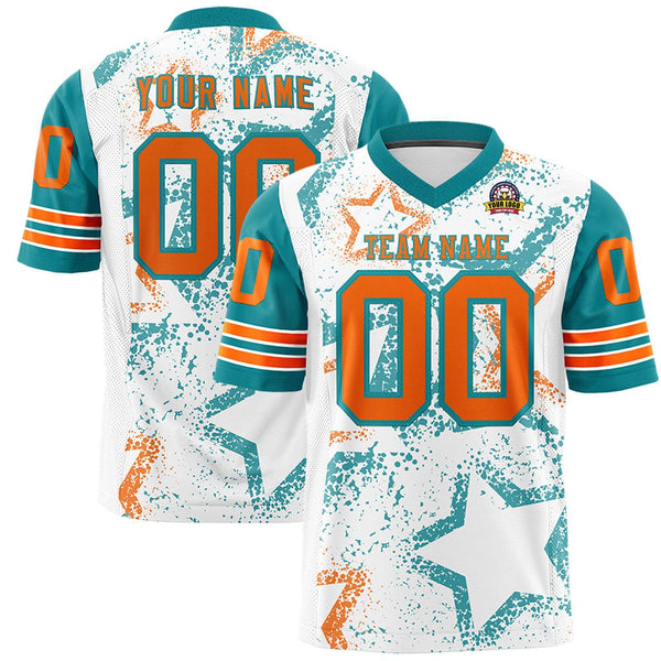 Custom White Aqua-Orange Personalized Star Pattern Design Football Jersey | BuyFootballJersey