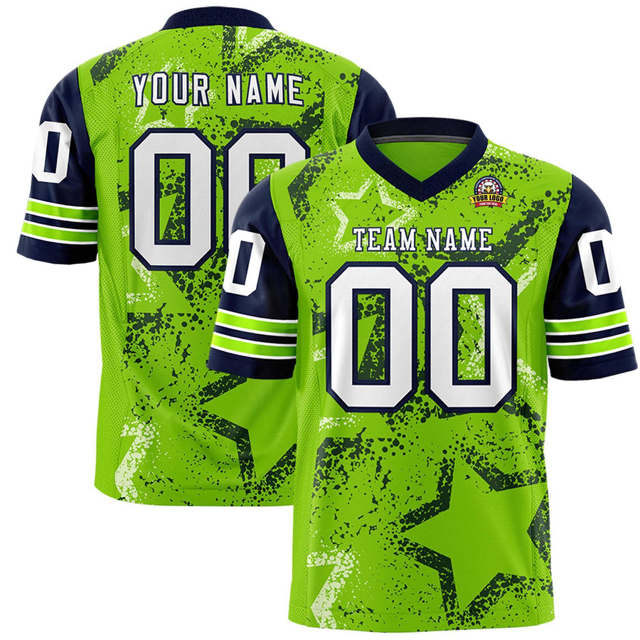 Custom Navy Neon Green-White Personalized Star Pattern Design Football Jersey | BuyFootballJersey