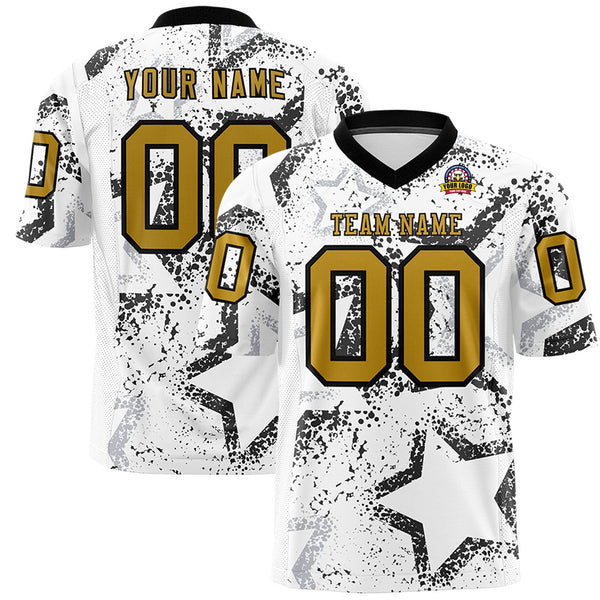 Custom White Black-Old Gold Personalized Star Graffiti Pattern Football Jersey | BuyFootballJersey