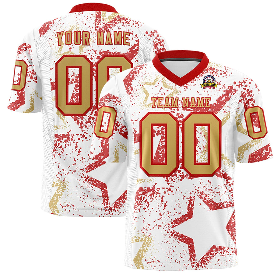 Custom White Red-Old Gold Personalized Star Graffiti Pattern Football Jersey | BuyFootballJersey