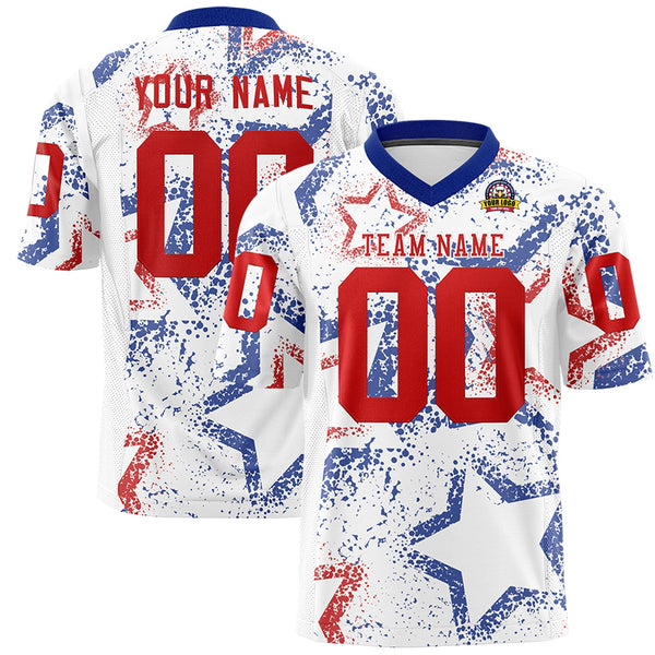 Custom White Royal-Red Personalized Star Graffiti Pattern Football Jersey | BuyFootballJersey