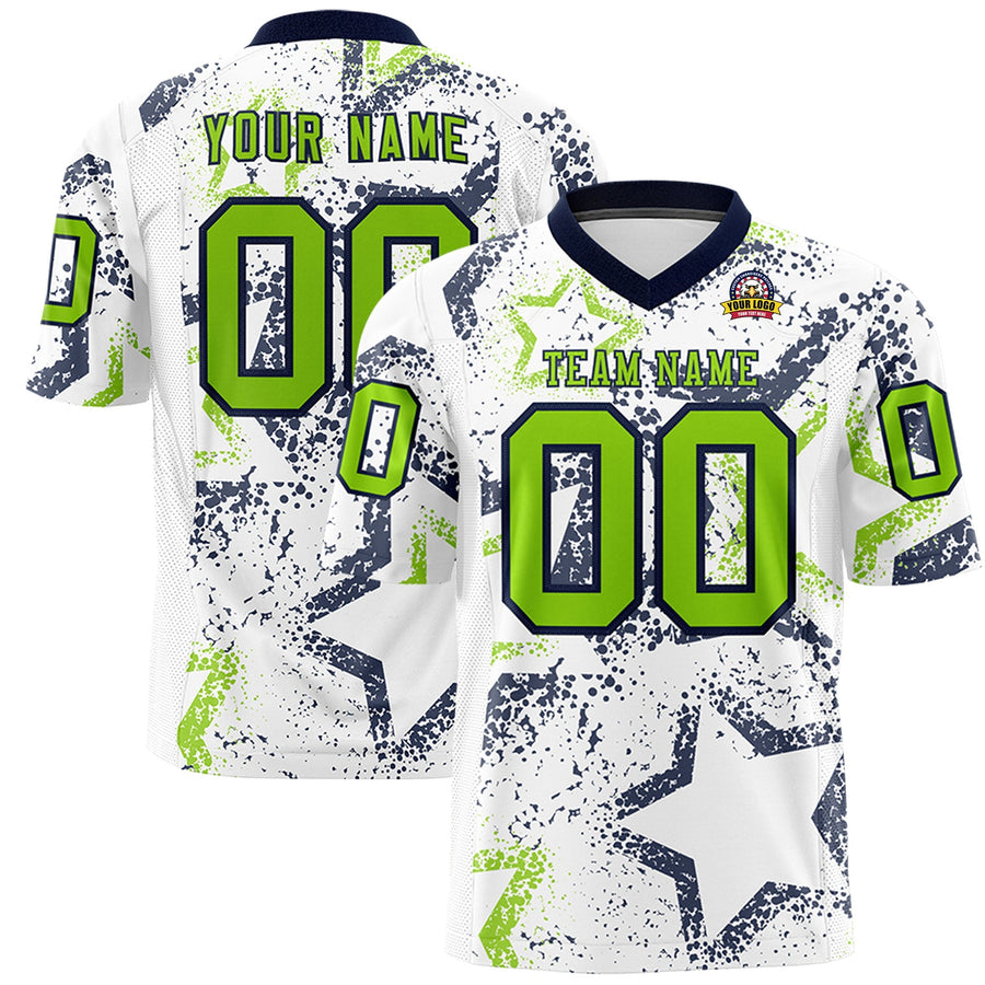 Custom White Navy-Neon Green Personalized Star Graffiti Pattern Football Jersey | BuyFootballJersey