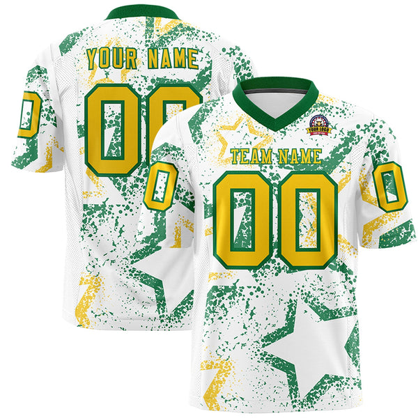 Custom White Kelly Green-Gold Personalized Star Graffiti Pattern Football Jersey | BuyFootballJersey
