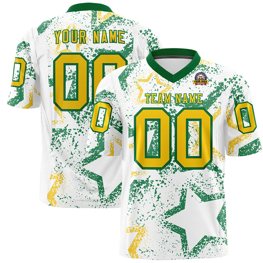 Custom White Kelly Green-Gold Personalized Star Graffiti Pattern Football Jersey | BuyFootballJersey