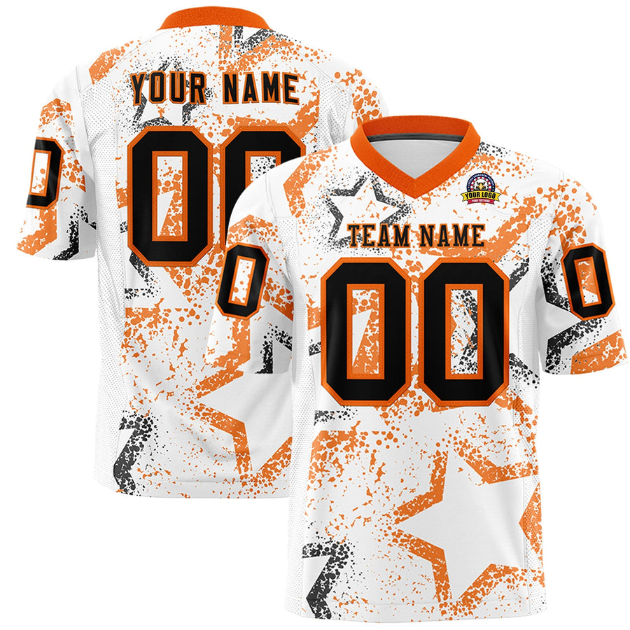Custom White Orange-Black Personalized Star Graffiti Pattern Football Jersey | BuyFootballJersey