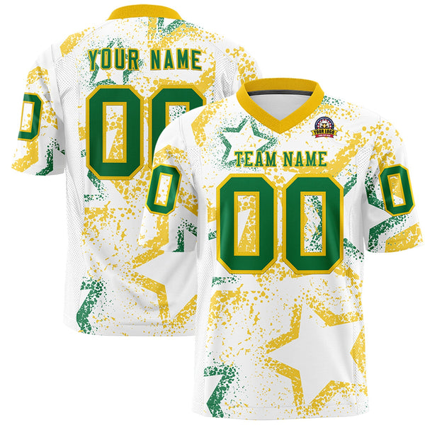 Custom White Gold-Kelly Green Personalized Star Graffiti Pattern Football Jersey | BuyFootballJersey