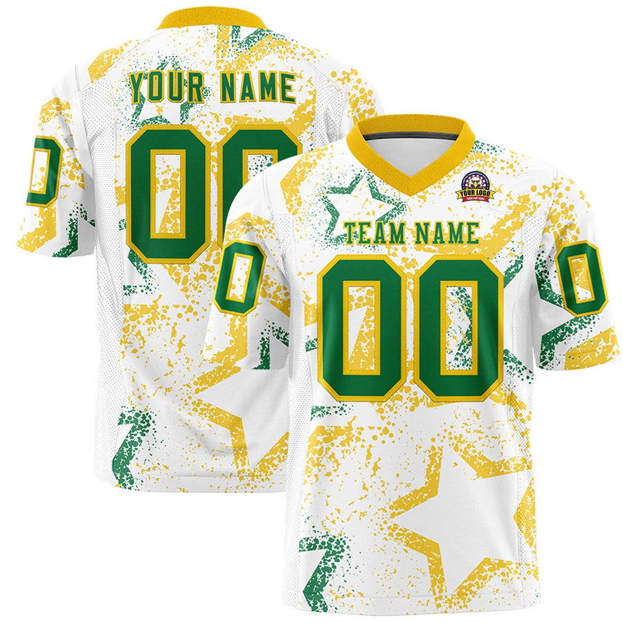 Custom White Gold-Kelly Green Personalized Star Graffiti Pattern Football Jersey | BuyFootballJersey