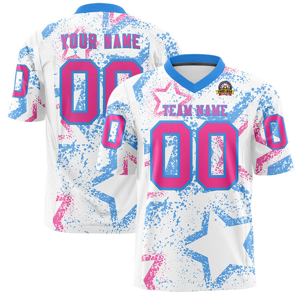 Custom White Powder Blue-Pink Personalized Star Graffiti Pattern Football Jersey | BuyFootballJersey
