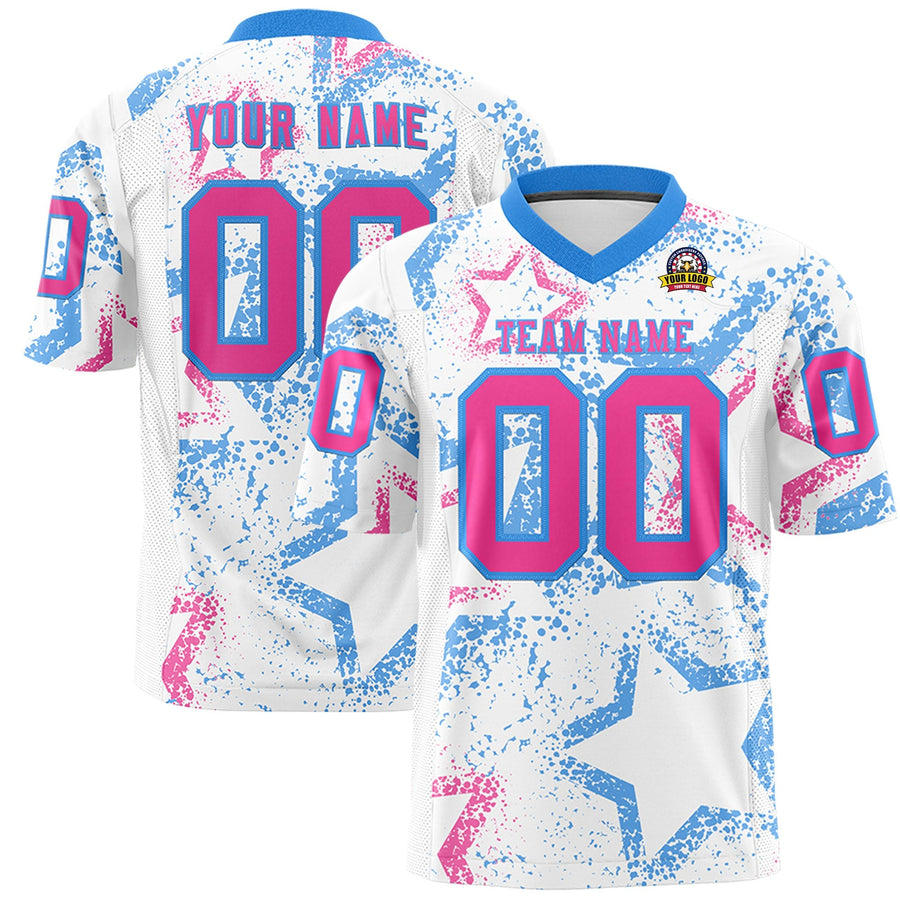 Custom White Powder Blue-Pink Personalized Star Graffiti Pattern Football Jersey | BuyFootballJersey