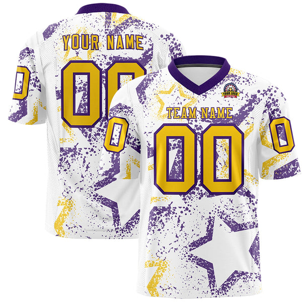 Custom White Purple-Gold Personalized Star Graffiti Pattern Football Jersey | BuyFootballJersey